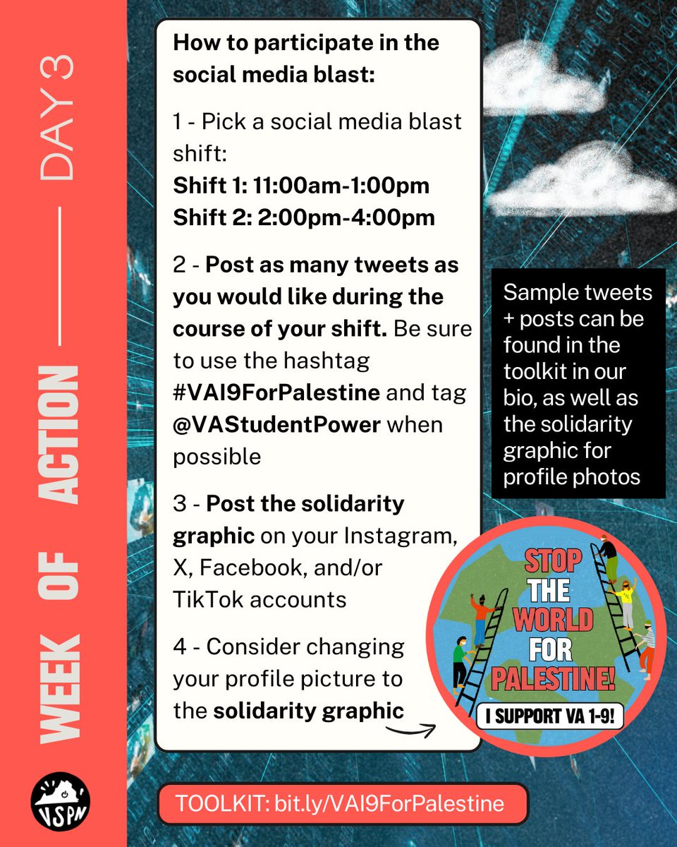 🛑🌎STOP THE WORLD FOR PALESTINE: A WEEK OF SOLIDARITY! 🛑🌍April 15-21 2024
Join us in taking action for Palestine ❤️ Together with our community,  we are continuing to support the 9 youth who were arrested following an occupation on Interstate 95 last month. #VAI9ForPalestine