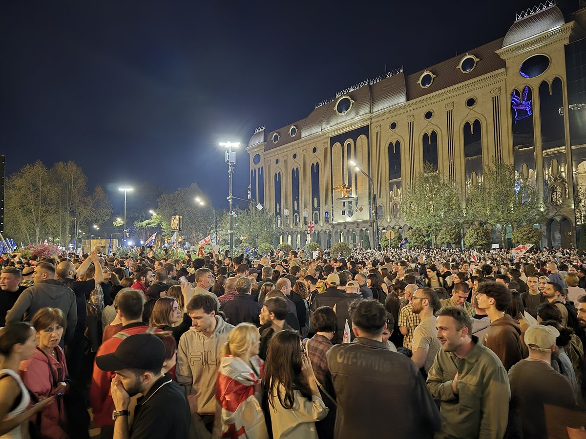 The crowd is biggest today since the foreign agents draft bill have been resubmitted into Georgian parliament.