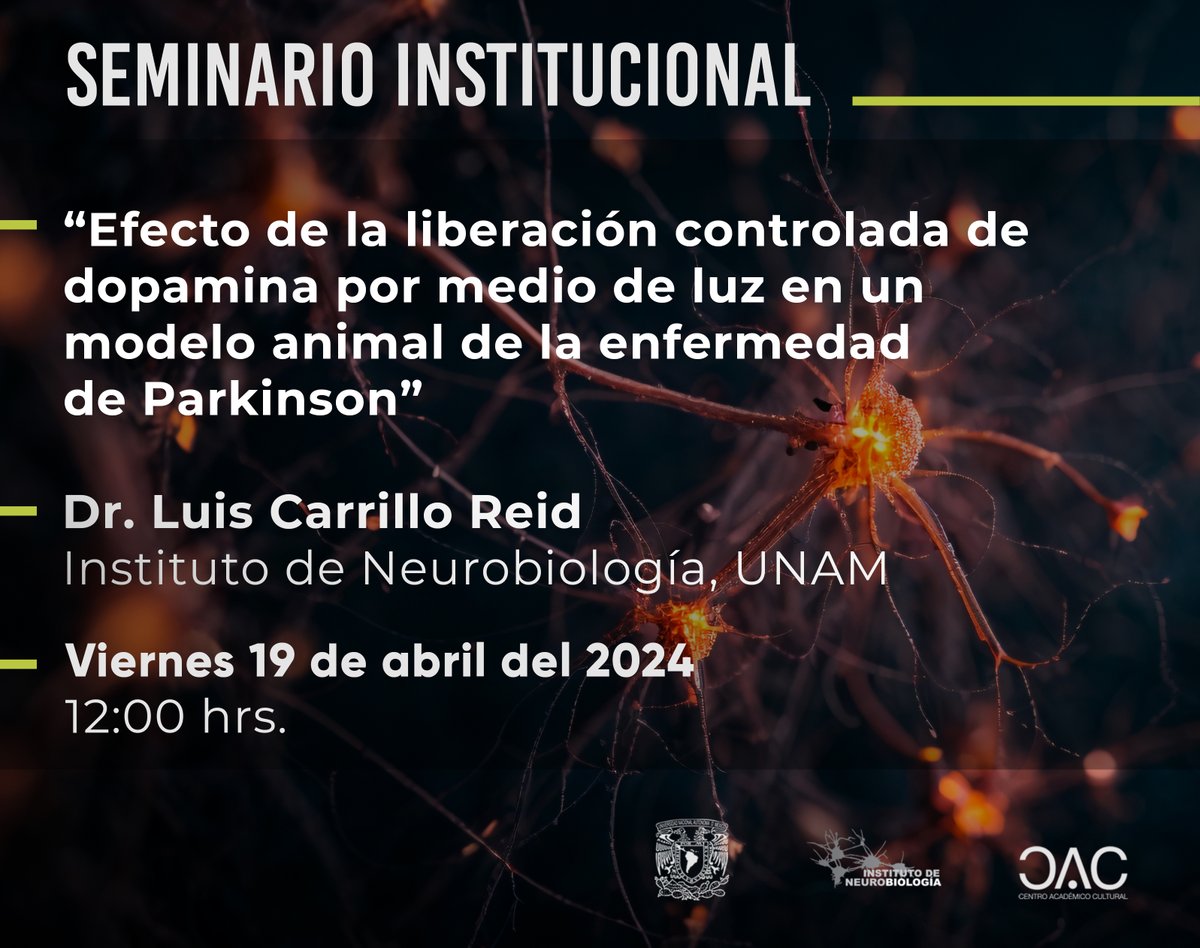 UNAMINB's tweet photo. Seminario Institucional

🗓 Viernes 19 de Abril de 2024,
⏰ 12:00 horas

Tema: "Efecto de la liberación controlada de dopamina por medio de luz en un modelo animal de la enfermedad de Parkinson" 

Ponente: Dr. Luis Alberto Carrillo Reid
del Instituto de Neurobiología, UNAM. https://t.co/YtLdmrZE5M