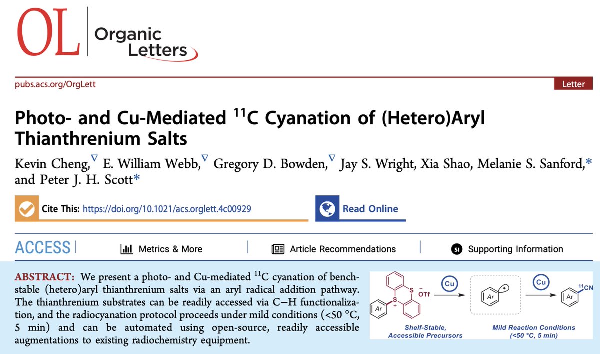 Our latest paper with @Sanford_Lab is out in @JOC_OL and uses #photochemistry and copper mediators to radiocyanate diverse thianthrenium salts in 5 min @ room temp in air. Congrats Xwitter-less Kevin and Eric, @gregdbowden and @jays_wright. Read it here: pubs.acs.org/doi/full/10.10…