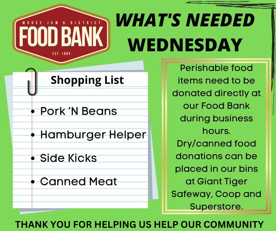 mjfoodbank's tweet photo. Most Wanted Wednesday.
We are SO low on these items. if you can help, that is always much appreciated.
We have donation bins located now at 4 grocery stores.......Safeway, Superstore, Coop and now at Giant Tiger. #mjfoodbank #givingback #MJ #groceryprogram #foodbanks #donations https://t.co/wmBmdJ3UcN