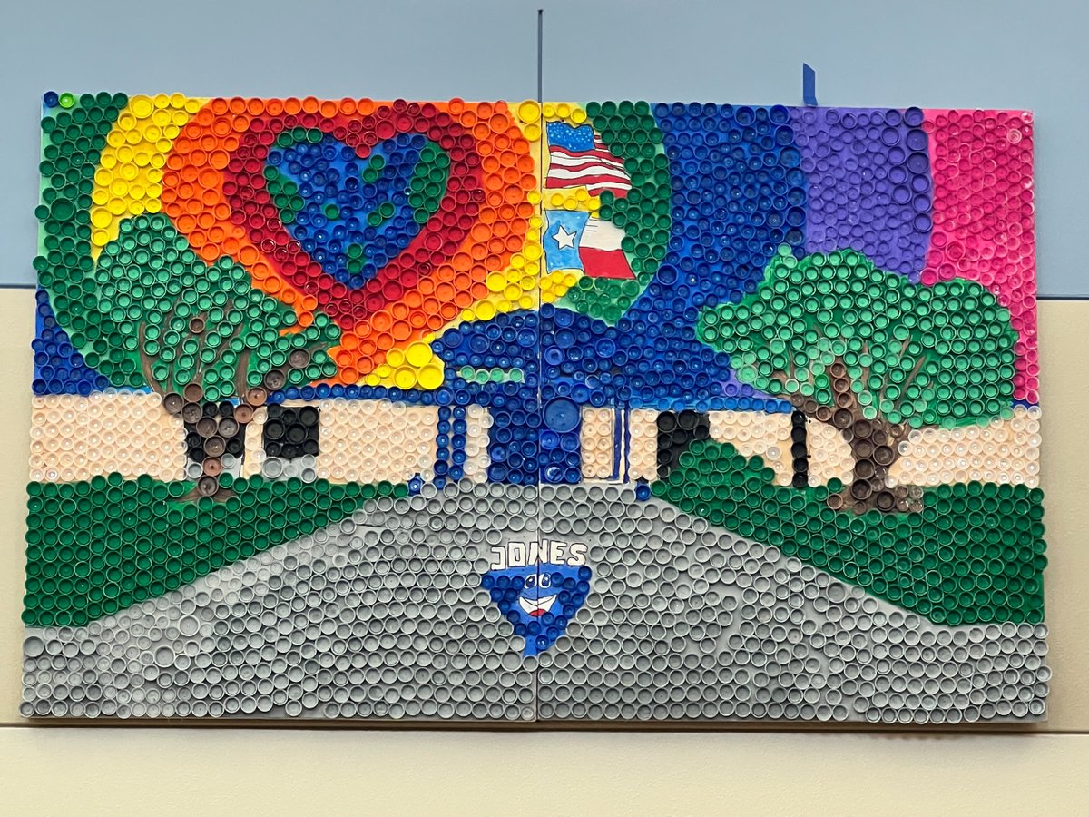 5 years and 2500 bottle caps! That's what it took for these now-6th graders at Jones Elementary to create this beautiful mosaic of their school! Awesome job!! #MISDProud