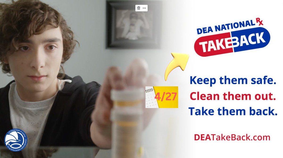Access to additional quantities or unneeded pills may increase a potential for misuse. #TakeBackDay is your opportunity to take back what you don’t need! Keep your family safe this spring season by visiting a collection site on April 27. bit.ly/35JM1tL @DEAHQ #drugfree