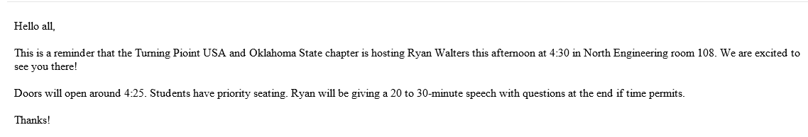 Navarp's tweet photo. @RyanWaltersSupt Just a reminder for everyone that Ryan Walters will, apparently, be hosted by Turning Pioint USA (whoever that is) today at OSU. 
North Engineering room 108 at the Stillwater Campus.
He will take questions [IF] Time Permits 🤪 https://t.co/AskpdxPCnt
