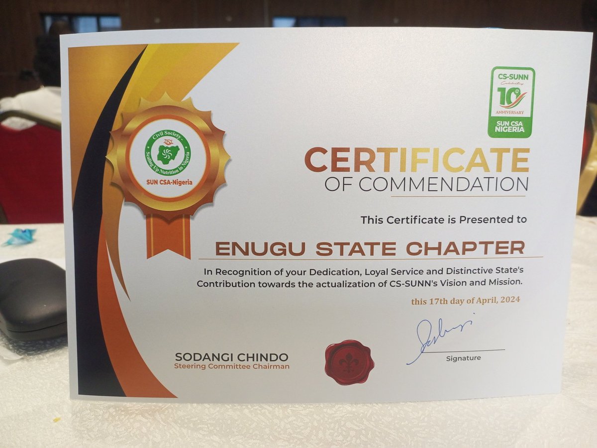 Today, our state chapter received a CERTIFICATE OF COMMENDATION at the Annual General Meeting of <a href="/CS_SUNN/">SUN CSA-Nigeria</a>. The certificate is in recognition of our dedication, loyal service &amp; distinctive contribution towards the actualization of <a href="/CS_SUNN/">SUN CSA-Nigeria</a> Vision &amp; Mission. ! We did it!!! 👏👏