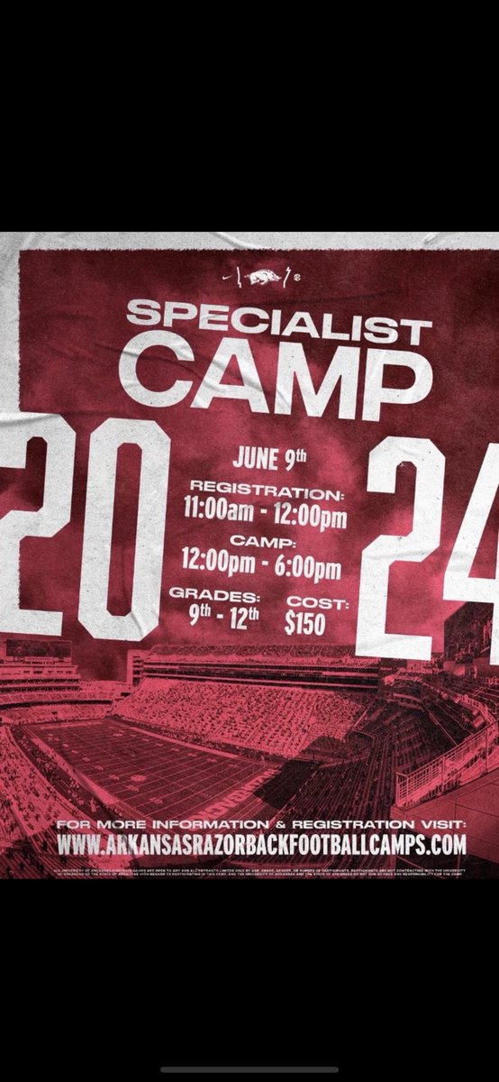 Specialists🚨 ‼️

Come compete this summer on The Hill‼️ 🐗 #1ELEVEN
 
📆 June 9th

ArkansasRazorbackfootballcamps.com