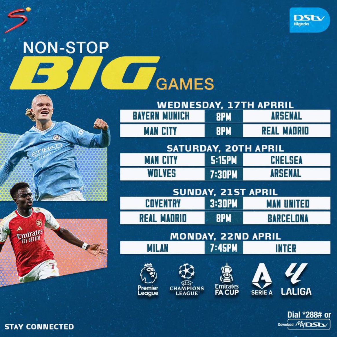 Remember to always stay connected on DSTV to enjoy the Premier League, Champions League, FA Cup, Serie A, and La Liga. Or you can also dial *228# or download my DStv to enjoy it via the app.