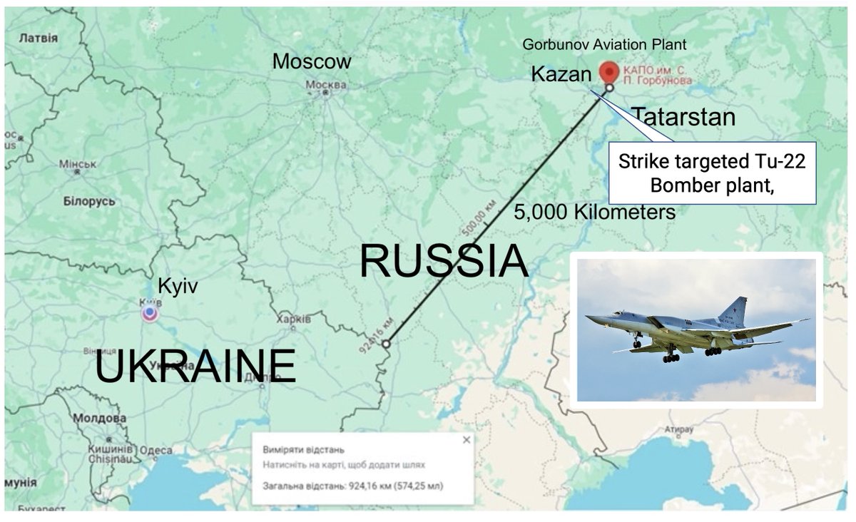 LONG RANGE STRIKE: A Ukrainian long range strike drone targeted the Gorbunov Aviation Plant in Kazan, Tatarstan. The plant manufactures and repairs Tu-22M and Tu-160M bombers. The drone traveled 5,000 Km (3106 miles) to conduct the strike. kyivpost.com/post/31271