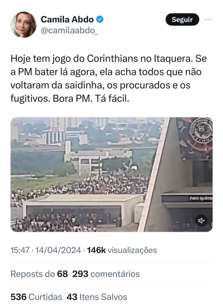 Eu espero realmente que a diretoria do @Corinthians tome uma atitude em relação a isso. Essa mulher não pode ficar impune.