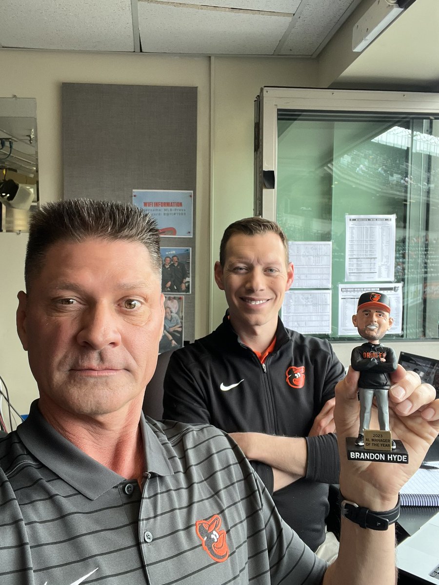 No puppies today but the 1st look at #2023 MOTY #BrandonHyde bobblehead to be given out to all you lucky fans next home-stand! @Twins vs @Orioles 1:05 ET on @masnOrioles join me and @kevinnbrown as the #Orioles geaux for the sweep today! #Birdland #LetsGeauxOs 🧹