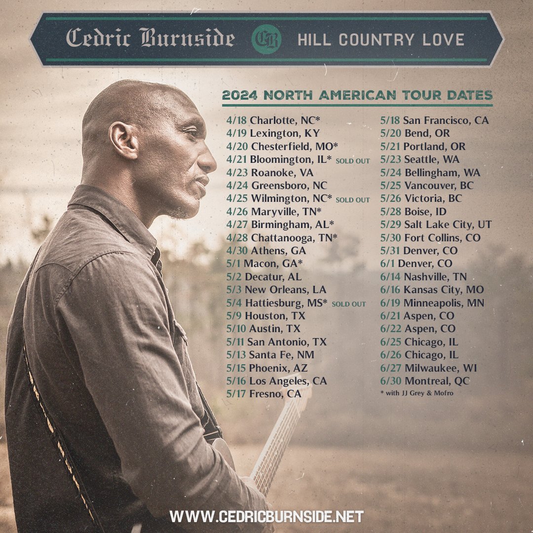 My Hill Country Love tour kicks off this week! I'm looking forward to sharing these new songs in your neck of the woods. Where will I see you? 💙🎸 🎟️ cedricburnside.net