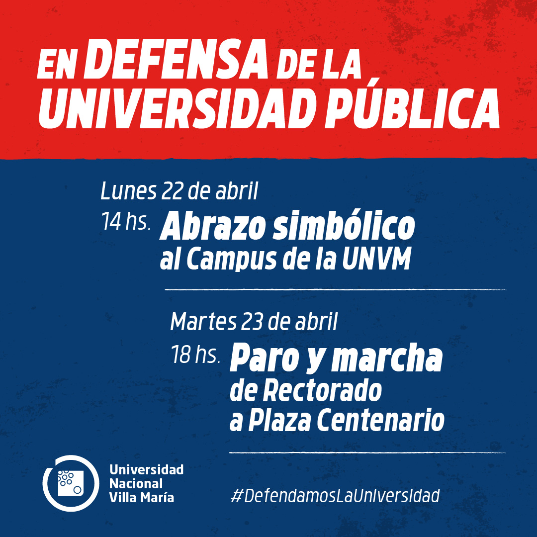 HumanasUnvm's tweet photo. ¡Sumate a defender la Universidad! 📷

📷 Lunes 22 de abril - 14 hs
- Abrazo simbólico al Campus de la UNVM

📷 Martes 23 de abril - 18 hs
- Paro y marcha (de Rectorado a Plaza Centenario)

#DefendamosLaUniversidad https://t.co/zN4jT37grr