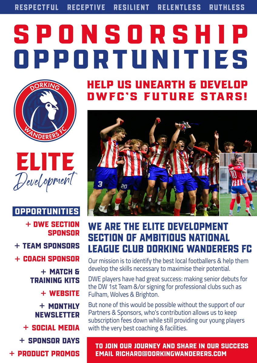 👀 Team Sponsorship Opportunities! 

Support talented, ambitious local footballers on their journey (boys &amp; girls). 

Branding on kits, websites, newsletters, social media &amp; more. 

To share in our success, email richard@dorkingwanderers.com

#FutureWanderers #Community #Pathway