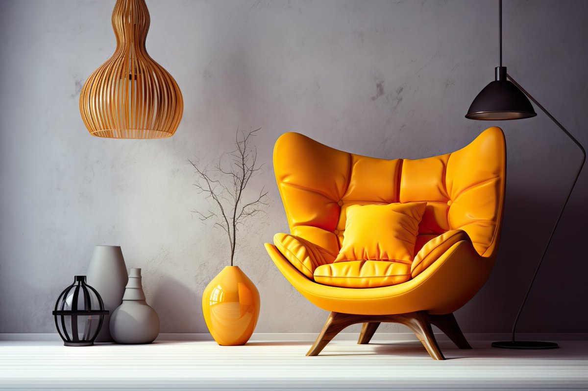 Industrial elegance black floor lamp, orange pendant light, vase and leather wingback chair, against a concrete stucco wall #livingroominspo #floorlamp #pendantlight #orange #wingbackchairs #lights #lighting #lightideas