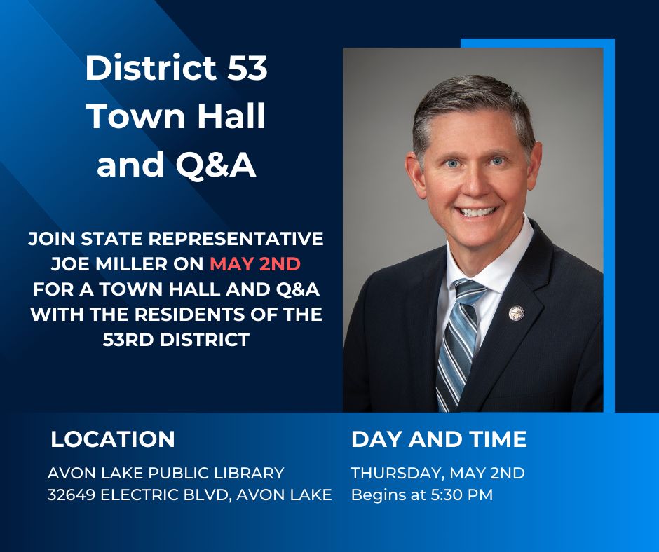 My next Town Hall will be at the Avon Lake Public Library on Thursday, May 2nd at 5:30 pm. I am excited to hear from constituents and stakeholders!