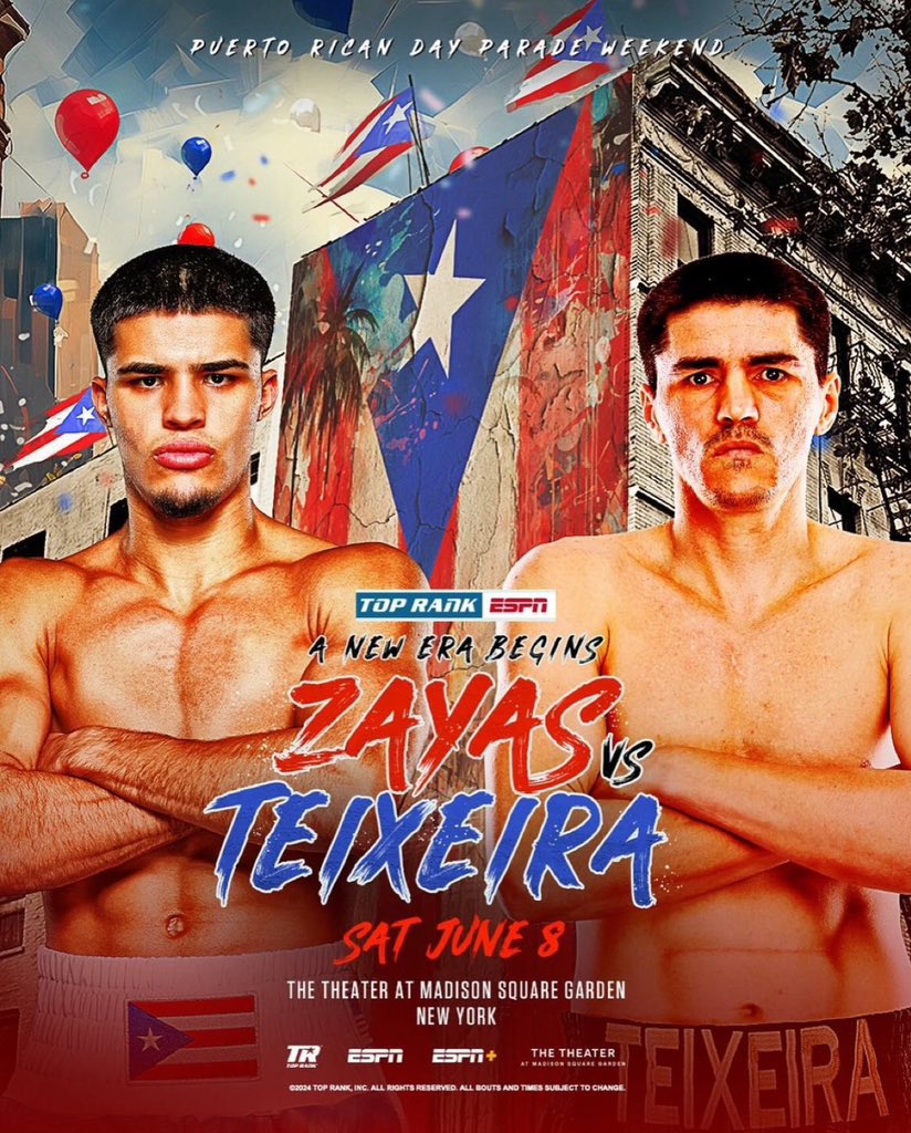 Junior Middleweight Contender Xander Zayas will take on Former World Champion Patrick Teixeira to kick off Puerto Rican Day Parade weekend, on ESPN Saturday June 8 at The Theater at Madison Square Garden. #zayasteixeira #toprankboxing #espnboxing #puertoricanboxing #fighthooknews
