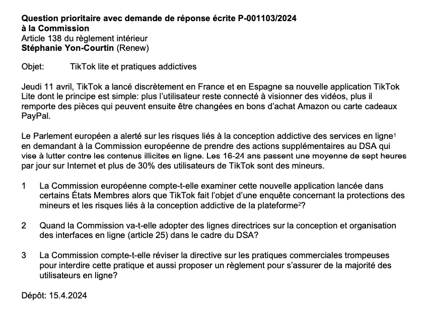 👏 Face à la menace de TikTok Lite, j'ai aussitôt adressé une question écrite à la Commission 🇪🇺 sur les risques addictifs de cette application et son incompatibilité avec le #DSA. Merci à @ThierryBreton d'y réagir efficacement aujourd'hui !