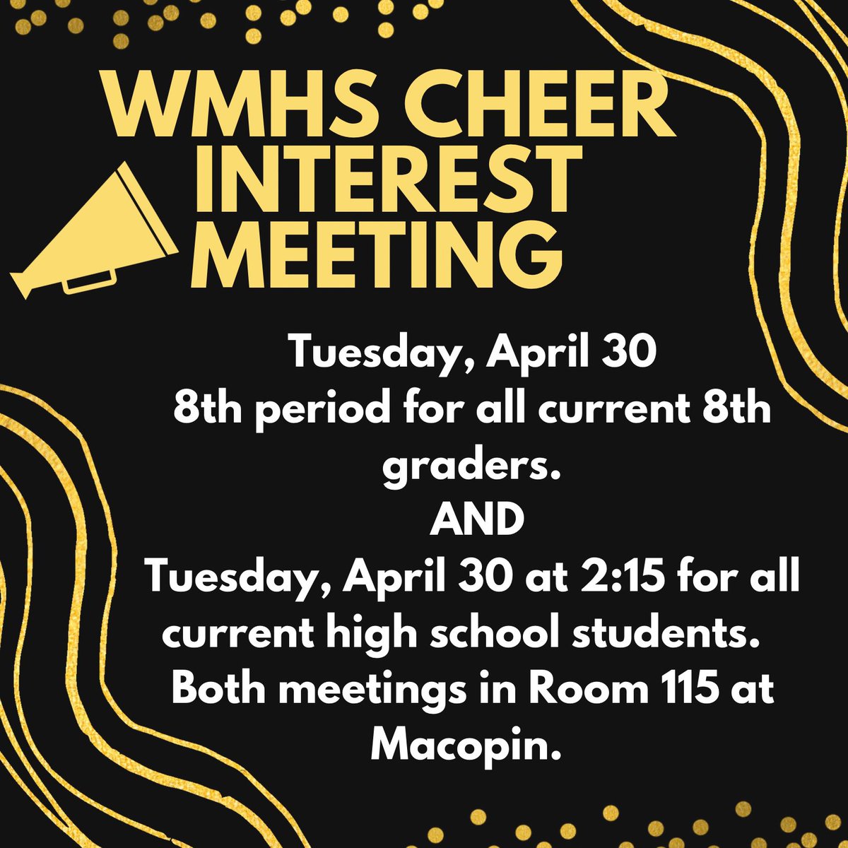 WM_Cheer's tweet image. Pre-season meeting for cheerleading is Tuesday, April 30. You must attend to get information about physicals, how to register, tryouts and the upcoming season! Come and see what the WMHS Cheer Program is all about. Hope to see you there! 💛🎀🖤