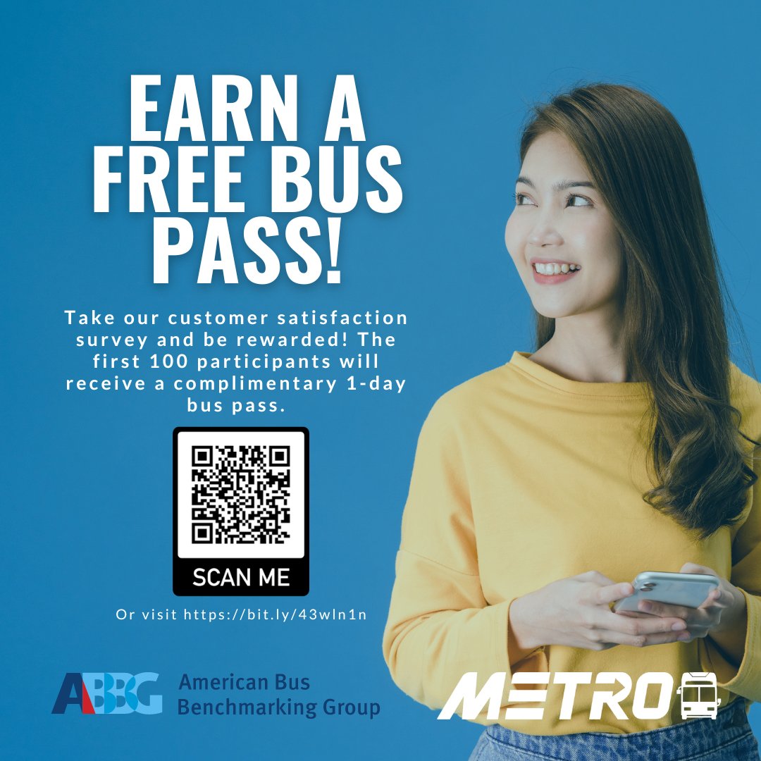 METRO would like to know what you think of your bus service. Take our survey, and the first 100 people will receive a complimentary 1-day bus pass when the survey ends in May. Everyone who takes the survey will be entered to win a 31-day pass. Survey: bit.ly/43wln1n.