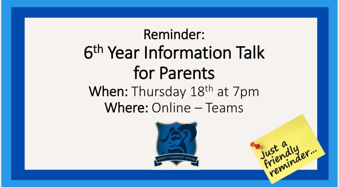 Reminder: 6th Year Parents Information Event online this Thursday - Please check your VSMail for further information!