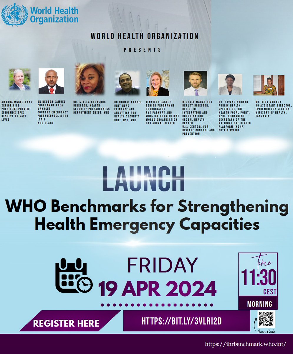 We're excited for the launch of @WHO's new benchmarks tool developed in partnership with our team. Join us 4/19 at 11:30 AM CEST for a discussion featuring @AmandaMcClella2 and other health leaders on how this tool can advance preparedness planning. who-e.zoom.us/webinar/regist…