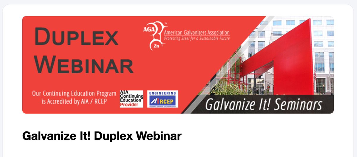 GalvanHotDip's tweet photo. Register for this upcoming galvanizing webinar, Duplex Systems: Coating Galvanized Steel -- hosted online, April 30th @ 11 am EST, by the #AmericanGalvanizersAssociation! ➡️ https://t.co/LKDj4wxeYh

Accredited by AIA and RCEP to provide 1.0 LU/PDH (HSW Hour)

#HotDipGalvanizing https://t.co/4q4ZeFpolo