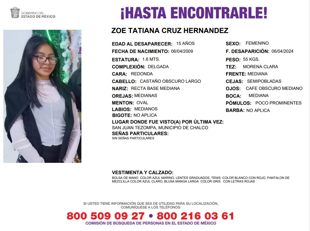Solicitamos de tu apoyo en difusión para dar pronta localización a Zoé Tatiana Cruz Hernández, comunícate a los teléfonos de COBUPEM 800 216 0361, 800 509 0927. #TodosEnLaBúsqueda