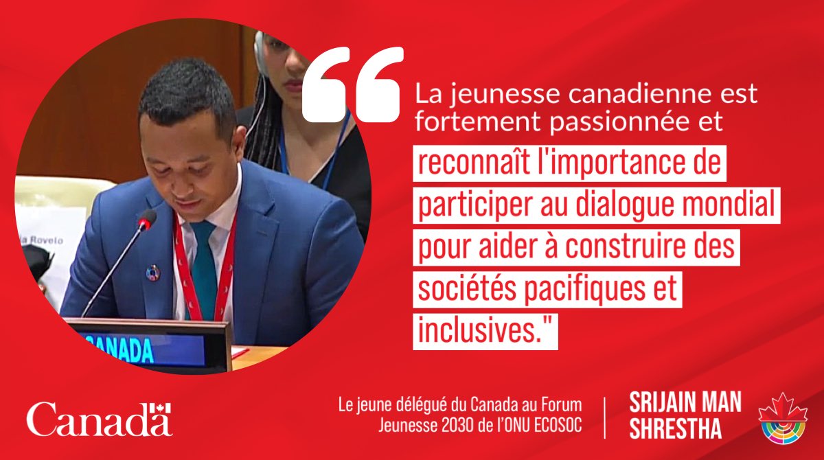 Un discours fantastique du jeune délégué du 🇨🇦 @SrijainMan au Forum @UNECOSOC #Jeunesse2030 sur l'engagement des jeunes. Le 🇨🇦 soutient la participation des jeunes dans les affaires publiques & politiques pour rendre nos sociétés inclusives et pacifiques.