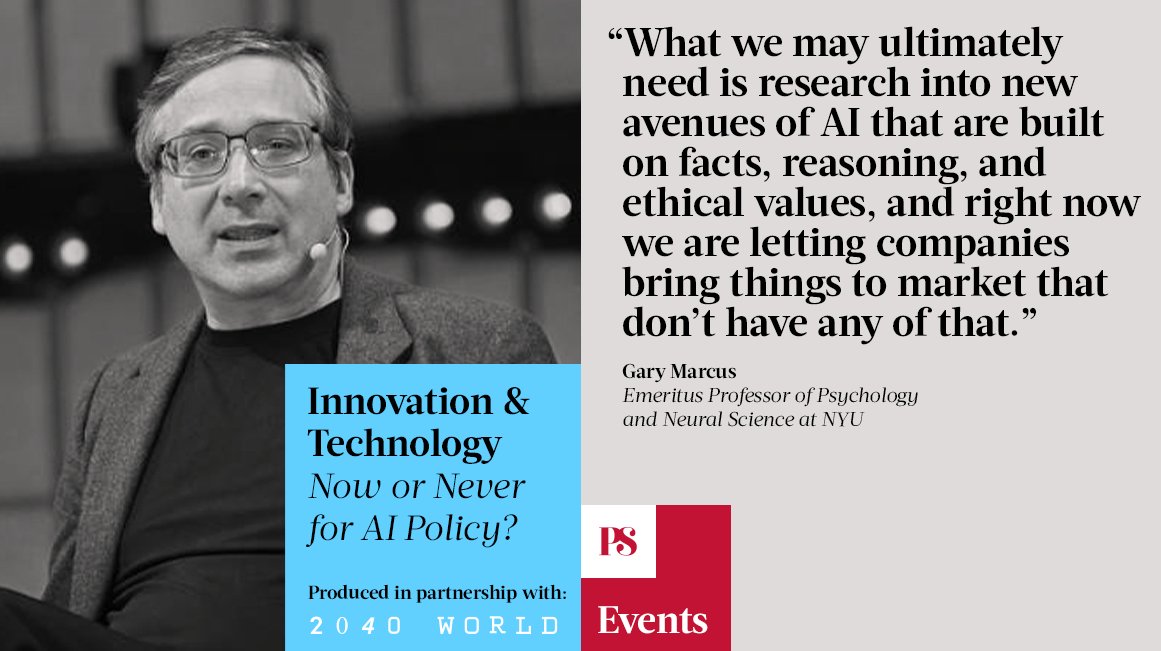 In a panel discussion at our recent #AIPolicy event, @GaryMarcus called for research into new avenues of #AI that are built on facts, reasoning, and ethical values. Click the link to watch: bit.ly/3TtDMXO @2040WorldX #PSEvents #AIRevolutions