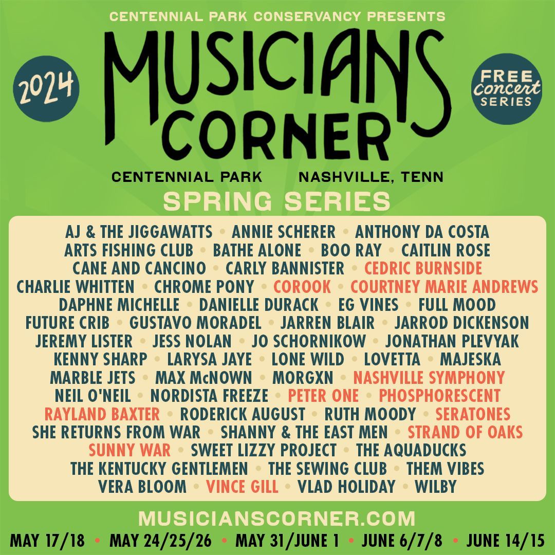 JUST ANNOUNCED! Here's your lineup for the 15th year of #MusiciansCorner spring series We're back on May 17th with an incredible lineup of artists ready to bring you #FreeLiveMusic at Centennial Park! Huge thanks to @Lightning100 for hosting a live lunch hour listening party.