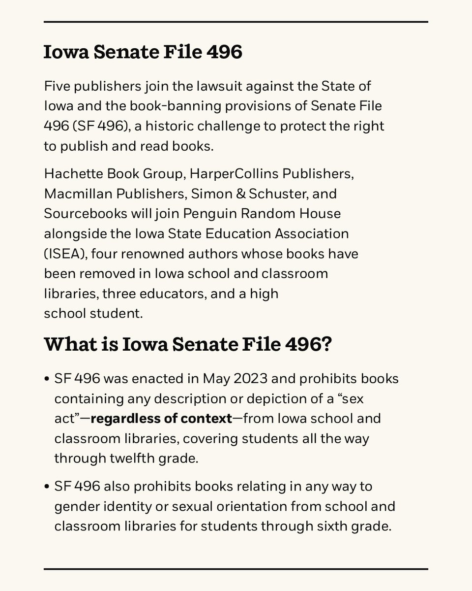 We have joined a lawsuit alongside Hachette Book Group, HarperCollins Publishers, Simon & Schuster, and Sourcebooks in support of this lawsuit against the State of Iowa and the book-banning provisions of Senate File 496. Learn more here: sites.macmillan.com/banned-books