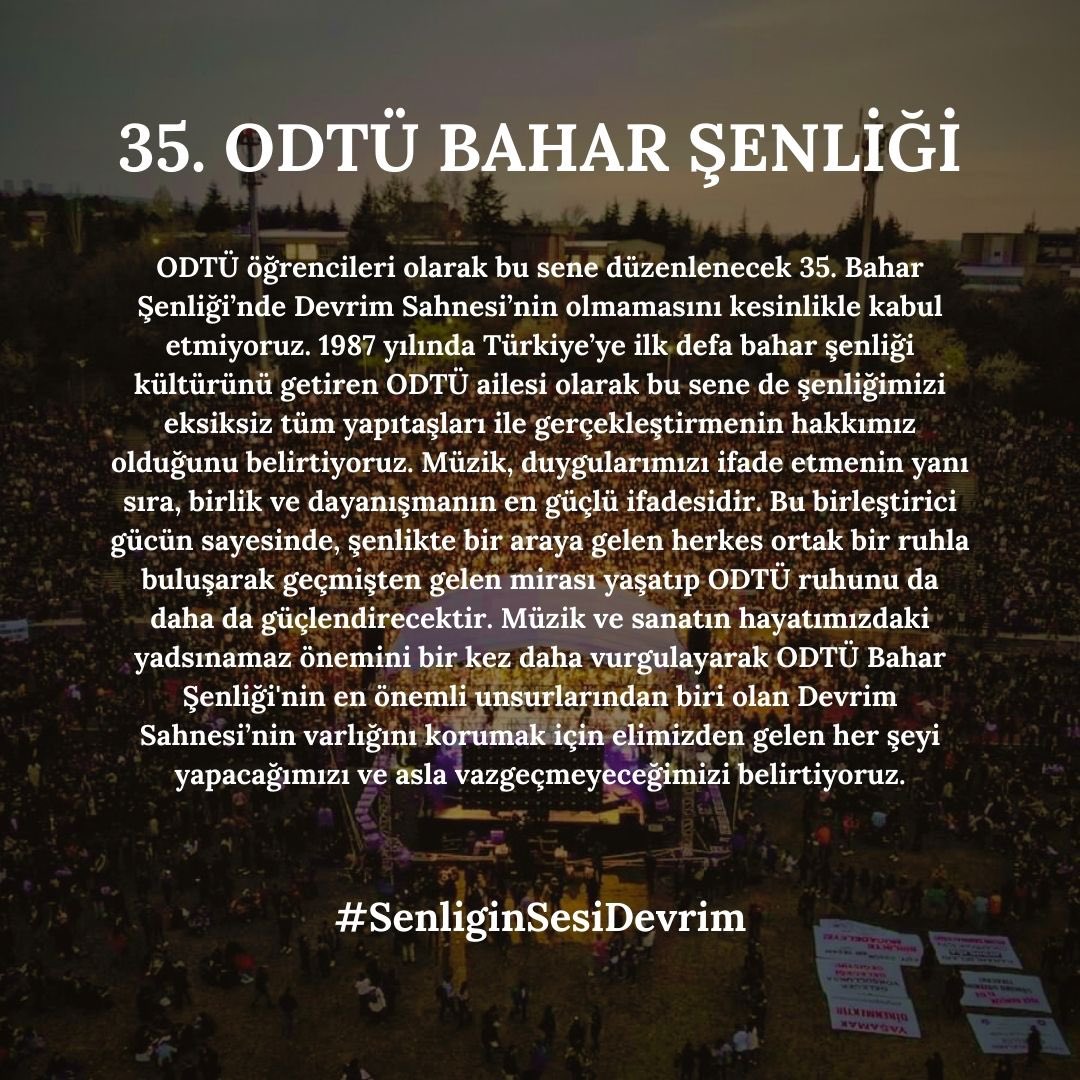 Devrimsiz bir Bahar Şenliği’ni kesinlikle kabul etmiyor ve Devrim sahnemizden vazgeçmiyoruz. Şenliğin sesi Devrim, Devrim’in sesi biz olacağız. 

#SenliginSesiDevrim