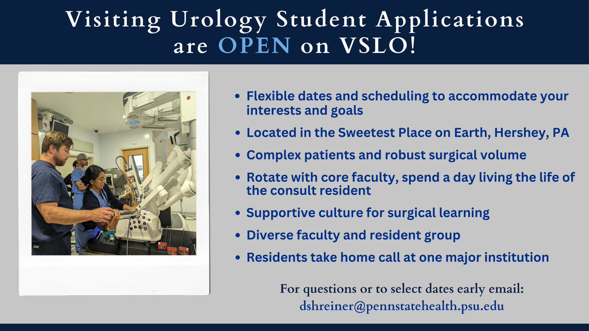 Looking for a Urology Sub-Internship? We still have availability for medical students interested in a rotation with us at @PennStHershey. Block dates are flexible, please email Danielle at dshreiner@pennstatehealth.psu.edu and apply via #VSLO! #urology #UroSoMe