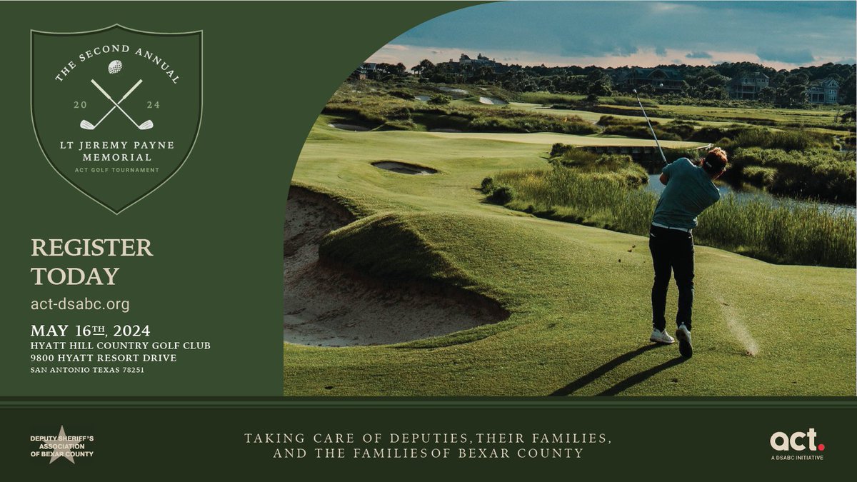 Proud of our work with ACT DSABC in promotion of the 2nd Annual Lt. Jeremy Payne Memorial ACT Golf Tournament on May 16, 2024, at the Hyatt Hill Country Golf Club.
Register for tickets or sponsorships at act-dsabc.org 
#GolfTournament #TexasGolf #Charity #LawEnforcement
