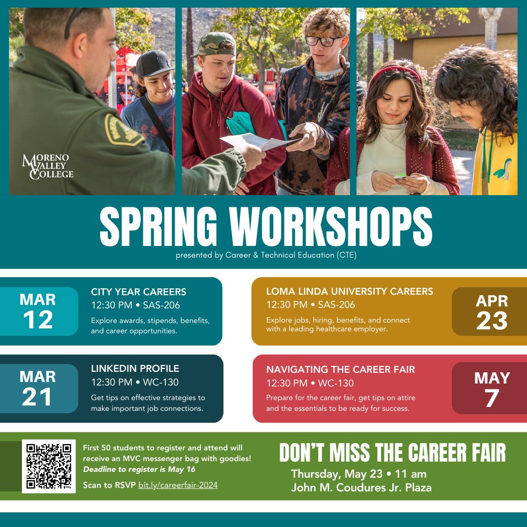 Don't miss out on our exclusive workshops starting March 12. These workshops are designed to prepare you for the upcoming Spring Career Fair happening May 23. Gear up for success! 
.
.
.
#spring #careerfair #morenovalleycollege #mvc #careerready