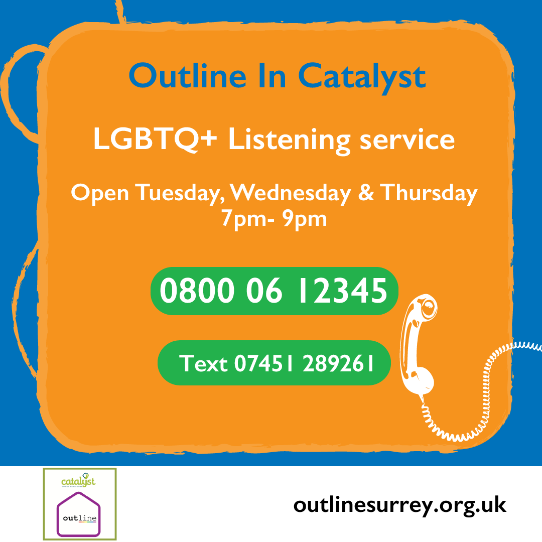 Don't forget 👇 We are here to answer your questions regarding sexuality and gender identity. Call our #LGBTQ+ Listening Service #OutlineInCatalyst from 7pm to 9pm every Tuesday, Wednesday and Thursday for support. #LGBTQhelpline