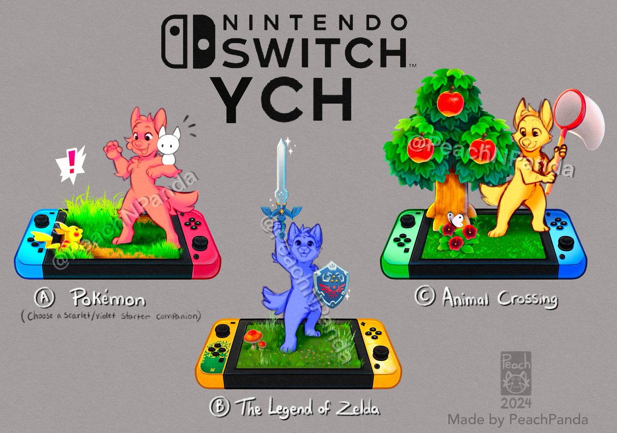 PeachnPanda's tweet photo. ⭐ NINTENDO SWITCH YCH ⭐
Pokemon, The Legend of Zelda &amp; Animal Crossing
$9️⃣5️⃣ each
Multi-slot! 6 slots available
Reply or DM to claim ⭐

More info in the replies 🍑 https://t.co/SKuiWIWQdE
