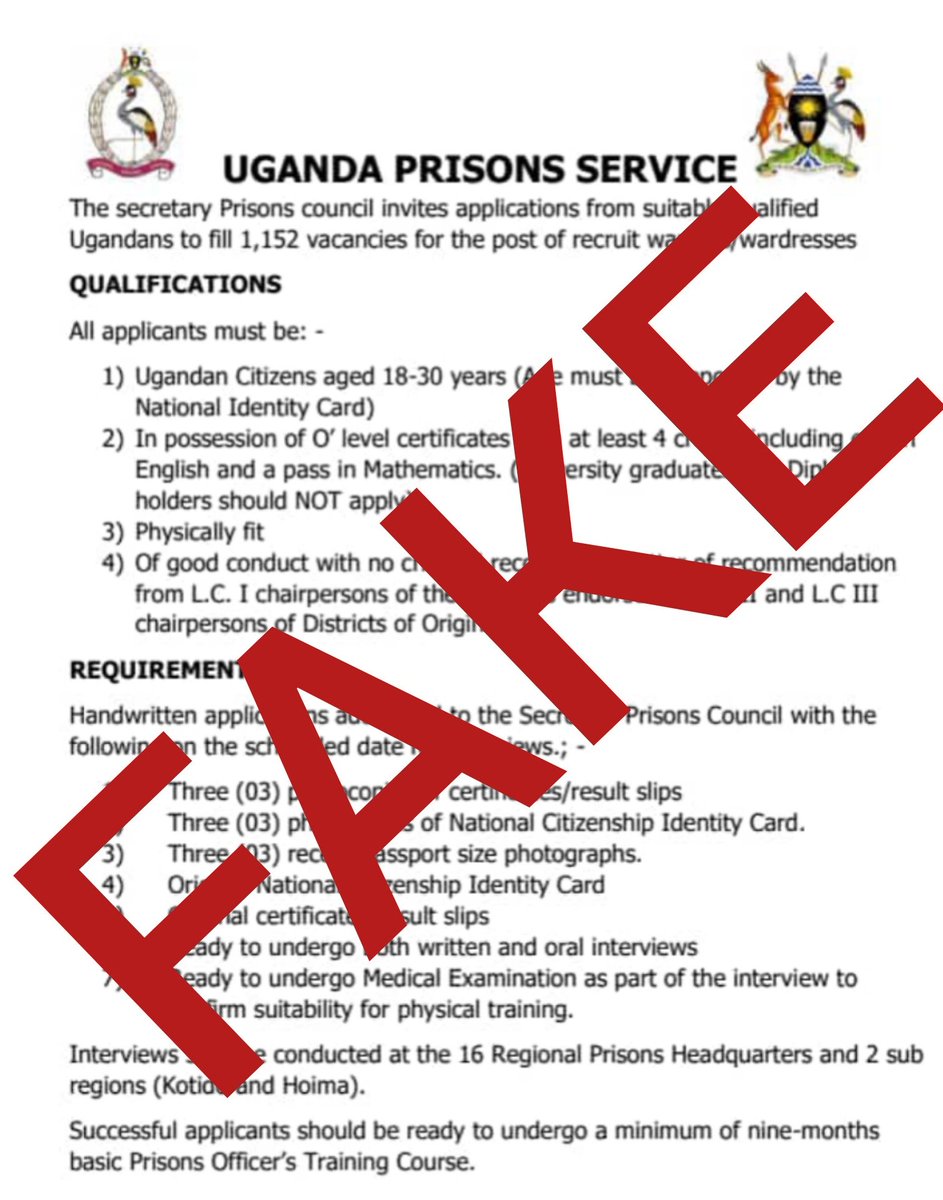 The Public is here by informed that Uganda Prisons Service (UPS) is not conducting any staff recruitment exercise. Therefore, no one should fall for scams that promise employment within UPS at different levels.