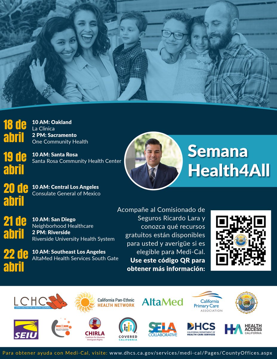 #Health4All Week starts tomorrow! Join Insurance Commissioner Ricardo Lara and learn what free resources are available to you and find out if you are eligible for Medi-Cal. Visit us online for more information: qrco.de/bemakm