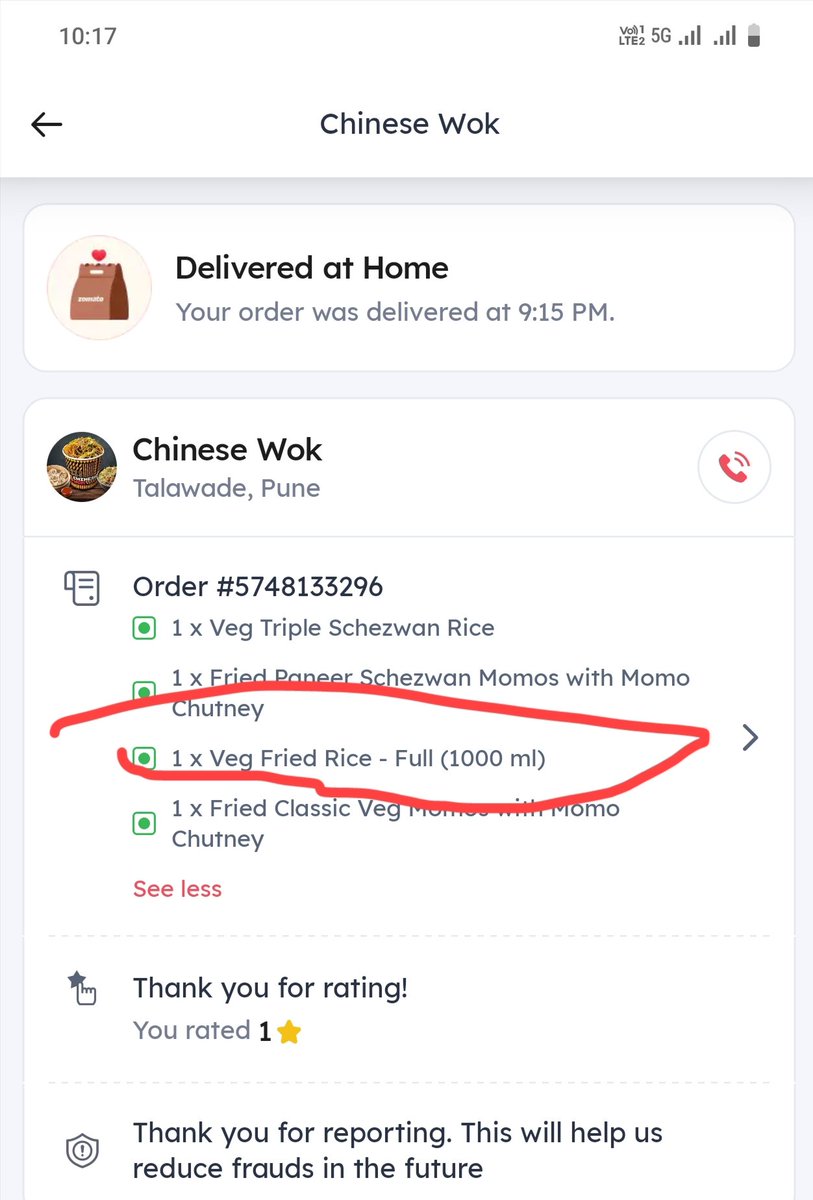 @zomato I have ordered below order but we have received order with missing 1 menu of fried rice. I contacted restaurant but they denied the mistake. And Zomato is also denied the mistake. Then who is responsible? Zomato is earning money by mistakes of restaurants? #chinesewok