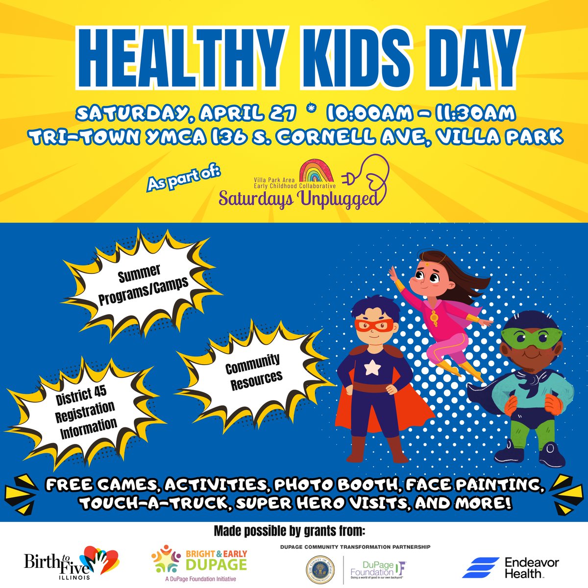Plan for an amazing summer and join us on Saturday, April 27 from 10 to 11:30AM! Meet some of your fav superheroes and learn about regional programs and services that will help your kiddos have a fun and healthy summer! #healthykids #villapark #lombard #DuPageCounty