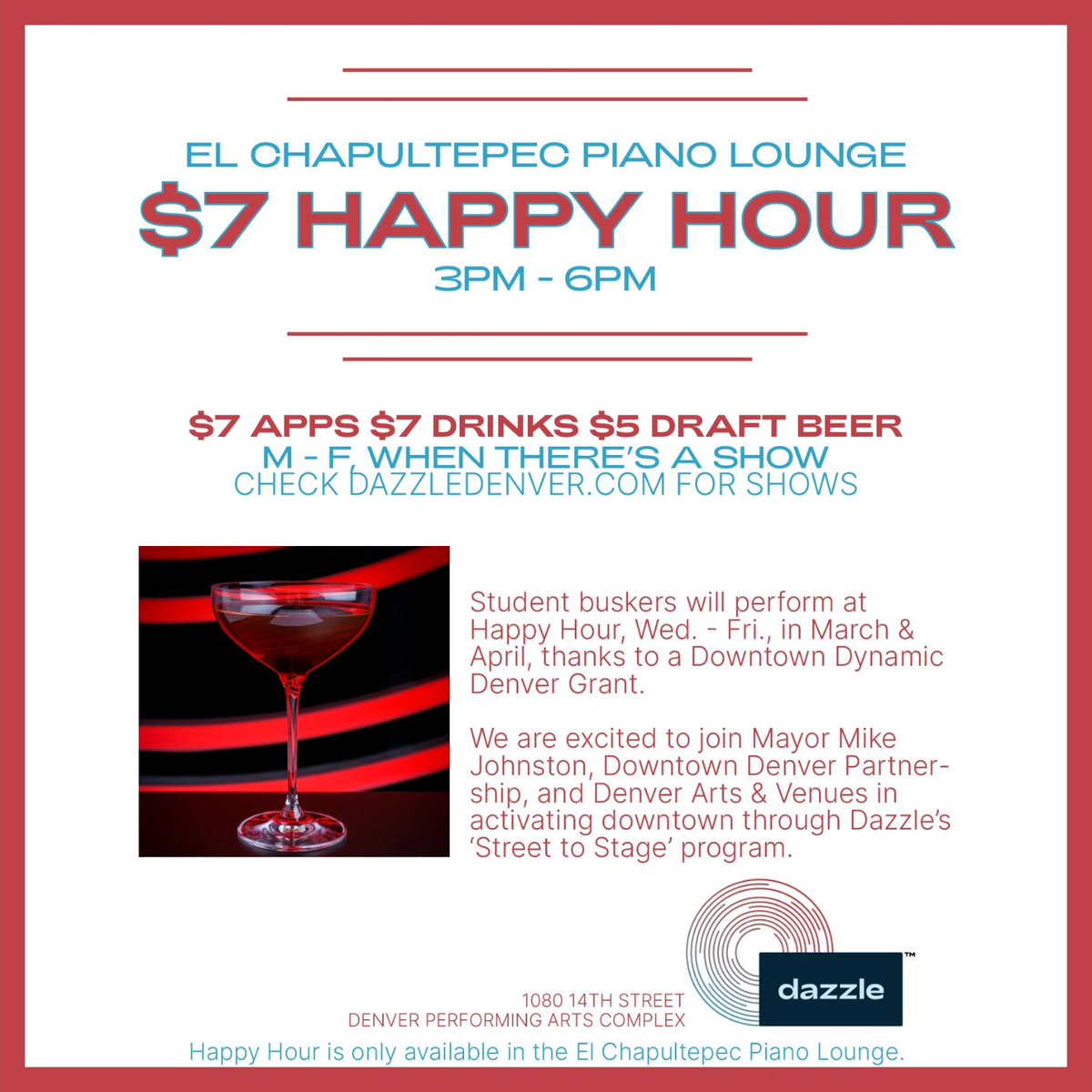 Looking to grab a quick drink or bite after work, plus enjoy some FREE live music? Stop by @DazzleDenver for happy hour and take in some tunes from student buskers as part of their 'Street to Stage' program, supported through a #DynamicDowntownDenver grant 🎶