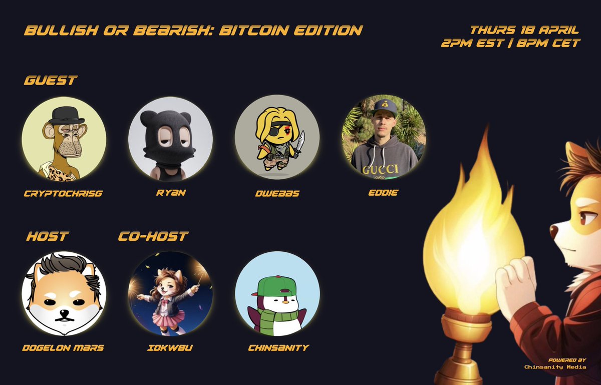 Join us tomorrow for a chat about the upcoming #bitcoin halving 💫 ✨ @cryptochrisg813 ✨ @EdMoneys ✨ @DWebbs1 ✨ @1ethryan 🗓️ Thursday, April 18 @ 2 pm EST | 8 pm CET We’ll be giving away some merch during the space so set those reminders below🚀✨