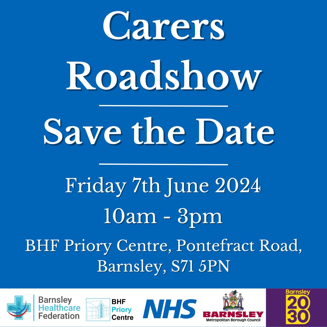 SAVE THE DATE: Barnsley GP Healthcare Federation are hosting our second Barnsley Carers Roadshow as part of Carers Week 2024. Based on last years feedback this years roadshow will be at ‘Priory Centre’ Lundwood. The theme: 'Putting carers on the map'. @BarnsleyCarers
