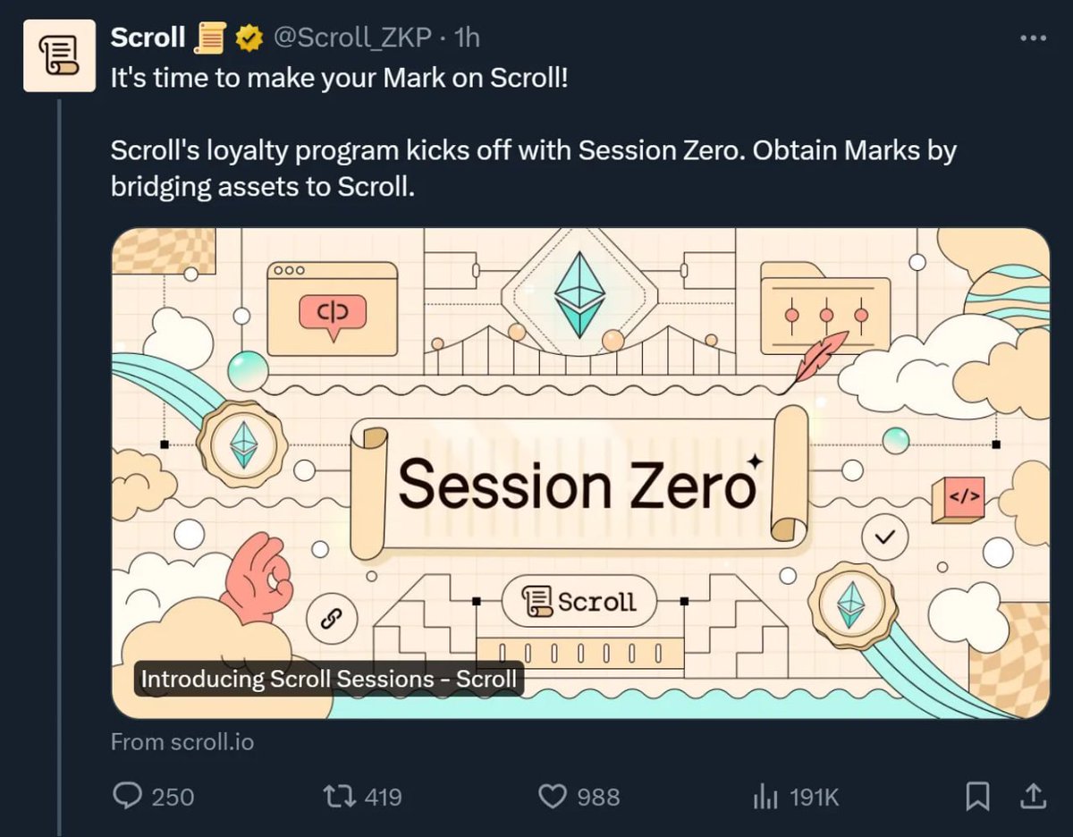 .@Scroll_ZKP has introduced Scroll Sessions, its loyalty program to reward the community with Scroll Marks for participation and engagement in the Scroll ecosystem. x.com/scroll_zkp/sta…