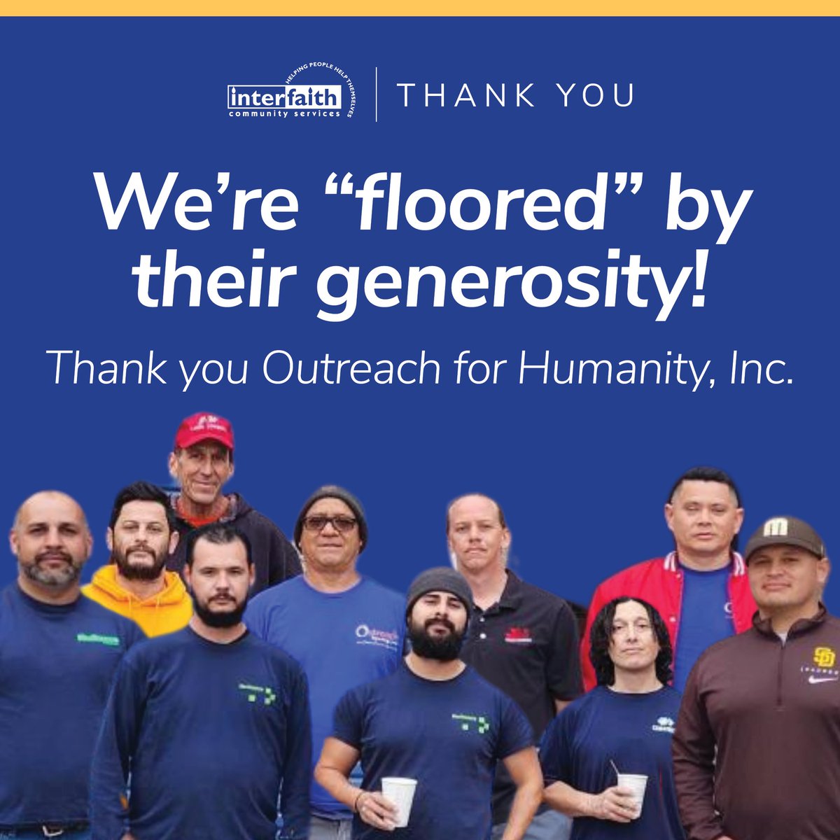 Interfaith Community Services (@interfaithcs) on Twitter photo We were “floored” by the generous donation of new flooring and installation at our 550 W. Washington location. Thank you @outreachimpactinglivessandiego! We were “floored” by the generous donation of new flooring and installation at our 550 W. Washington location. Thank you @outreachimpactinglivessandiego!