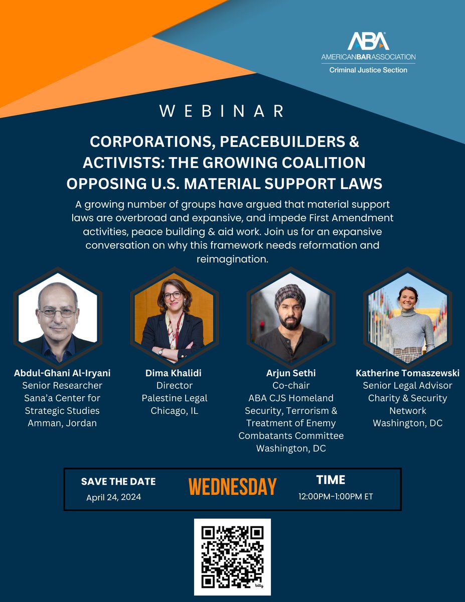 U.S. material support laws are over-broad & expansive, and impede First Amendment activities, peace building & aid work. Join us for a webinar on April 24 on why this framework needs reformation with @pal_legal @CharitySecurity @SanaaCenter RSVP: americanbar.zoom.us/webinar/regist…