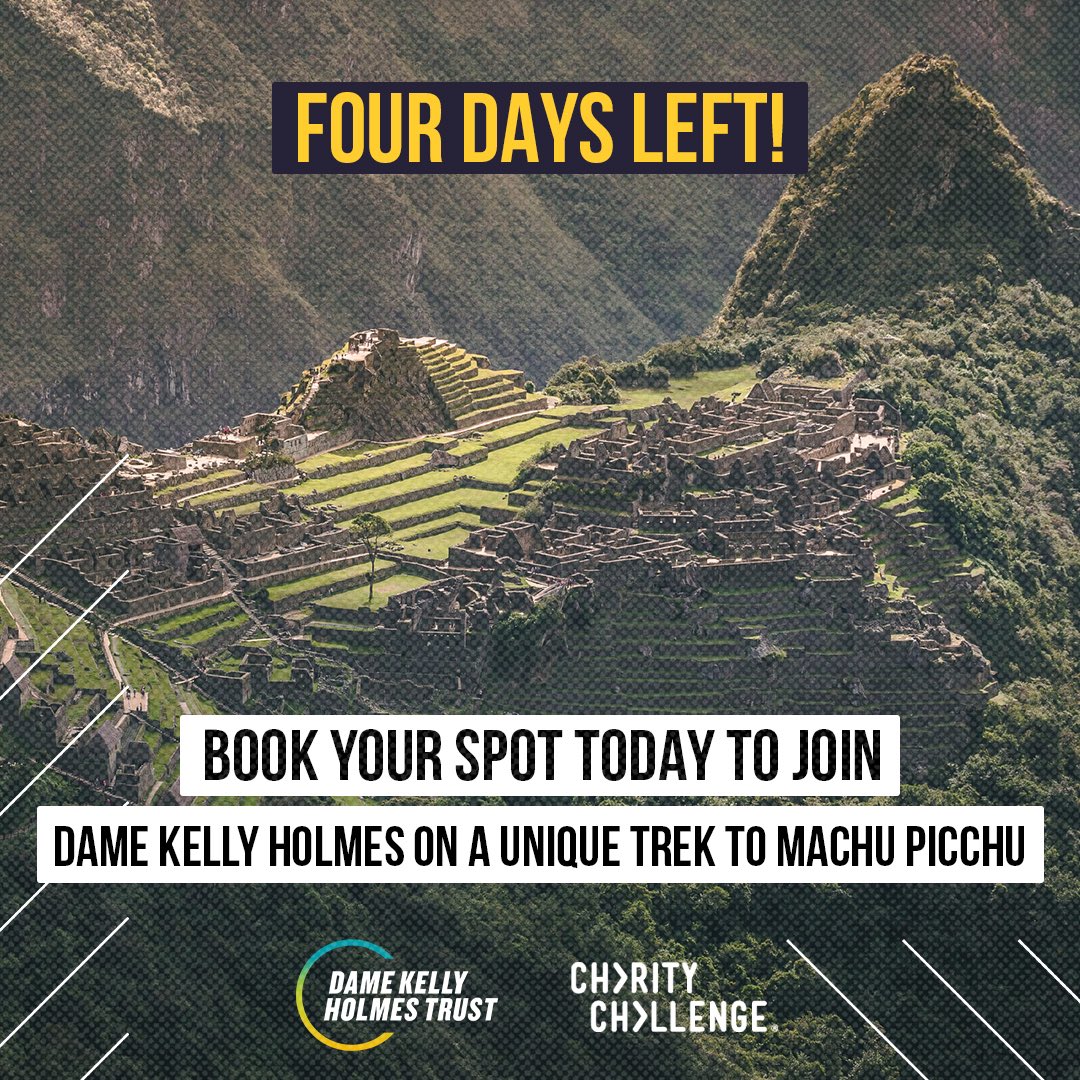 With just 4️⃣ days left until booking closes, there’s not much more time left to secure your spot for a unique & truly once-in-a-lifetime trek to Machu Picchu with Dame Kelly Holmes. For info or to book: charitychallenge.com/expedition/393… @GivenGain | @CharityChall | #MachuPicchu | #MP24