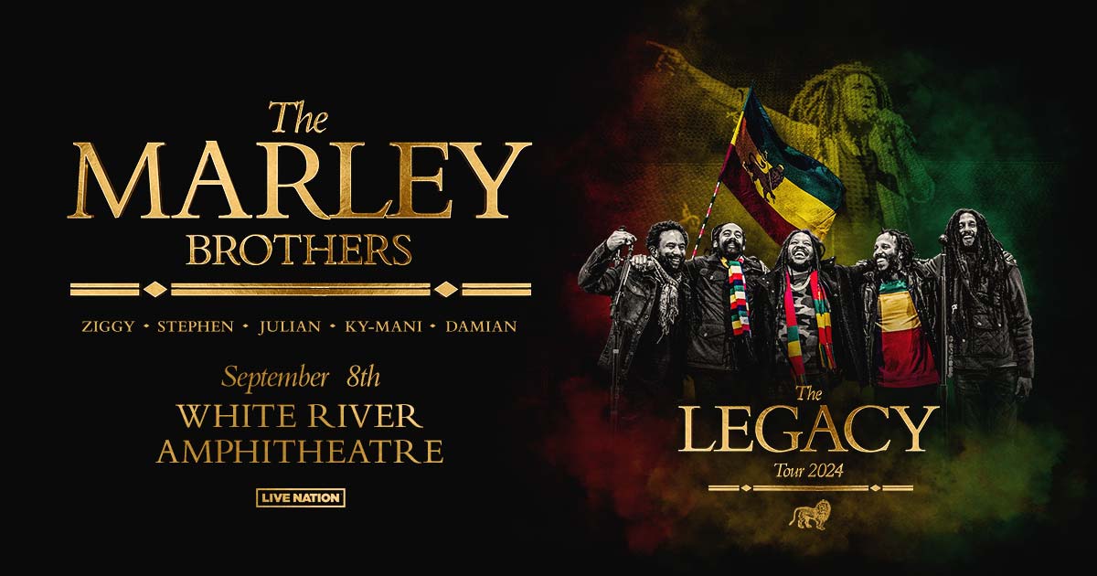 PRESALE IS LIVE 🌟 Use code 'RIFF' to get tickets for The Marley Brothers: @ziggymarley, @stephenmarley, @JulianMarley, @MaestroMarley, and @damianmarley at White River Amphitheatre on 9/8!

🎫 livemu.sc/3Jmo1xf