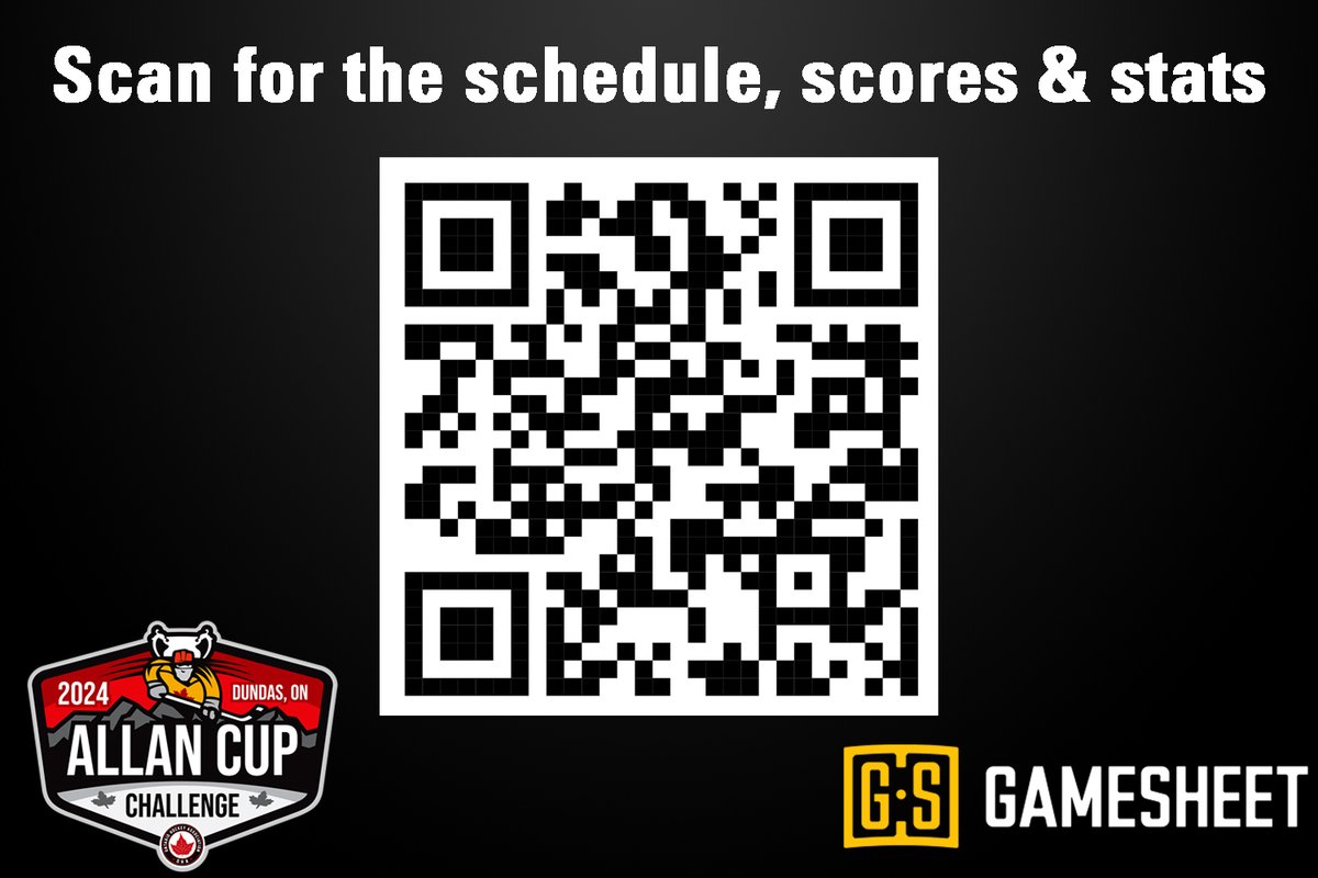 For the 2024 edition of the Allan Cup Challenge, fans can get the schedule, scores, standings and stats on @GameSheetInc by clicking this link (gamesheetinc.com/stats/) and searching for “Allan Cup Challenge” or use the QR code in the photo.